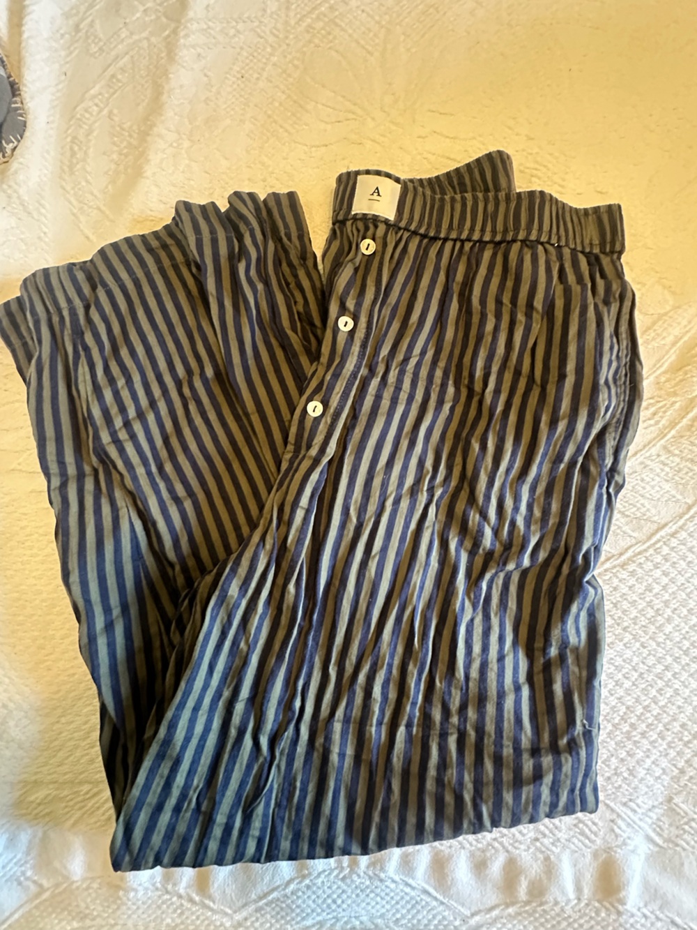 Anthropologie Navy and Green Vertical-Stripe Wide-Leg Pants